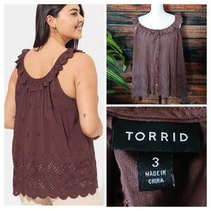 Torrid Top Size 3X 22 24 Brown Eyelet Ruffle Tank Flowy Rayon